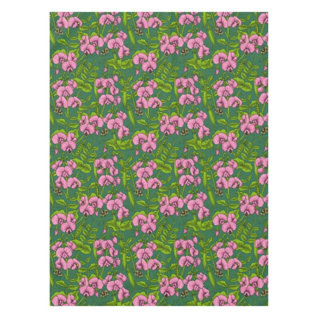 Sweet peas and bumblebees, green and pink tablecloth (Front)