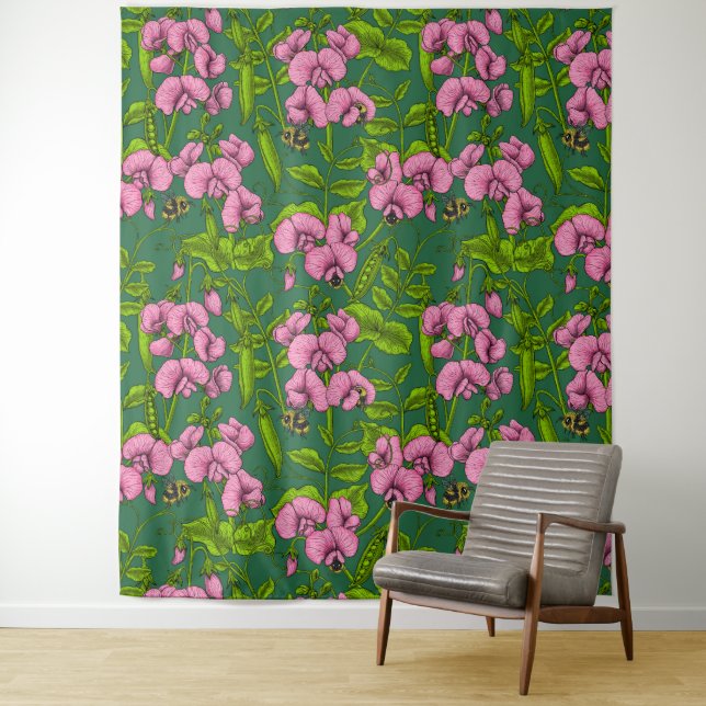 Sweet peas and bumblebees, green and pink tapestry (In Situ)