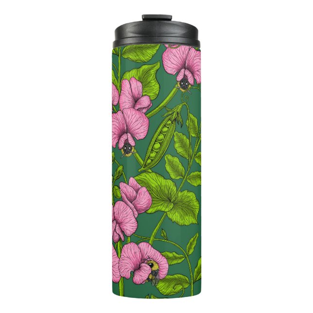 Sweet peas and bumblebees, green and pink thermal tumbler (Front)