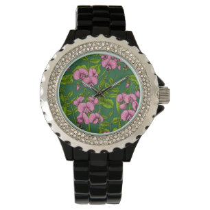 Sweet peas and bumblebees, green and pink watch