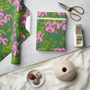 Sweet peas and bumblebees, green and pink wrapping paper
