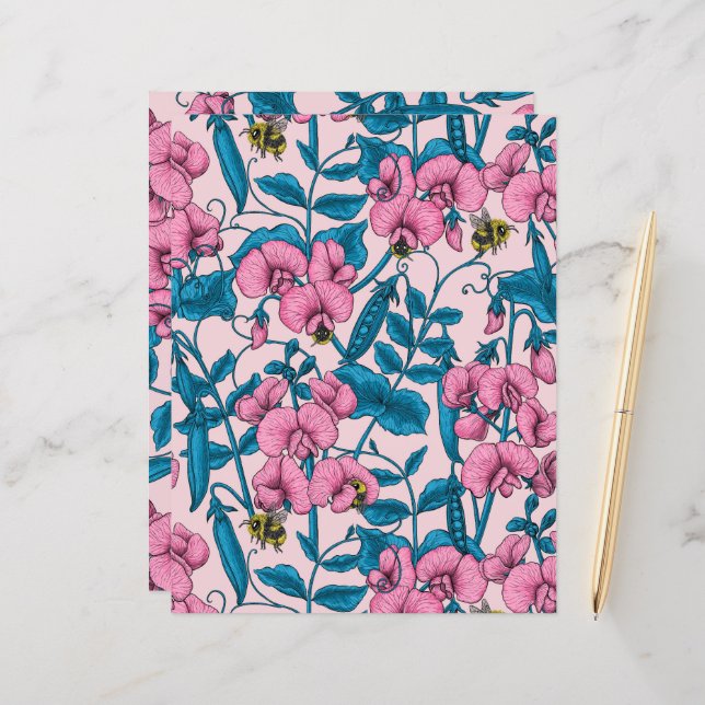 Sweet peas and bumblebees, pink and blue (Front/Back In Situ)