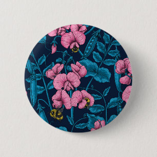 Sweet peas and bumblebees, pink and blue 6 cm round badge