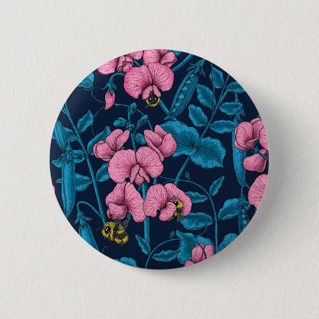 Sweet peas and bumblebees, pink and blue 6 cm round badge (Front)
