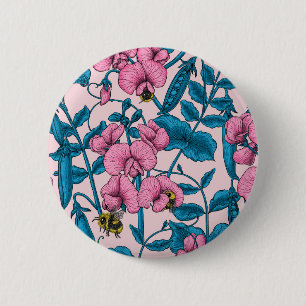 Sweet peas and bumblebees, pink and blue 6 cm round badge