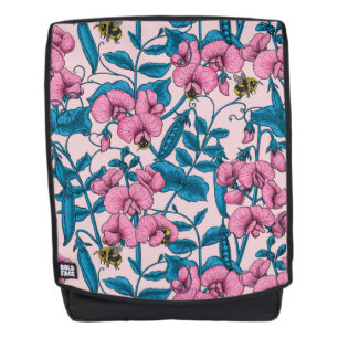 Sweet peas and bumblebees, pink and blue backpack