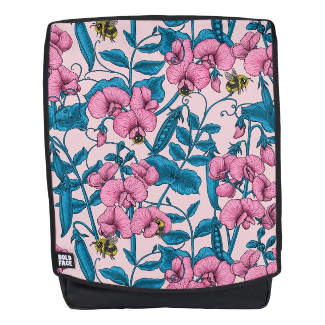 Sweet peas and bumblebees, pink and blue backpack (Front)