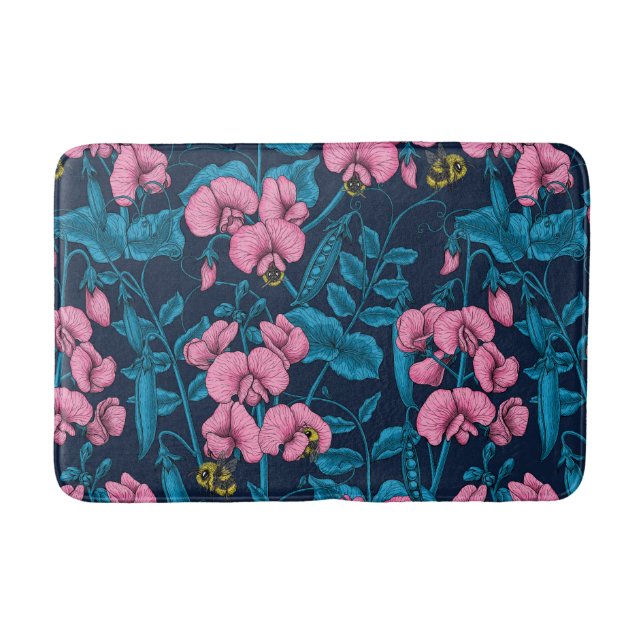 Sweet peas and bumblebees, pink and blue bath mat (Front)
