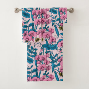 Sweet peas and bumblebees, pink and blue bath towel set