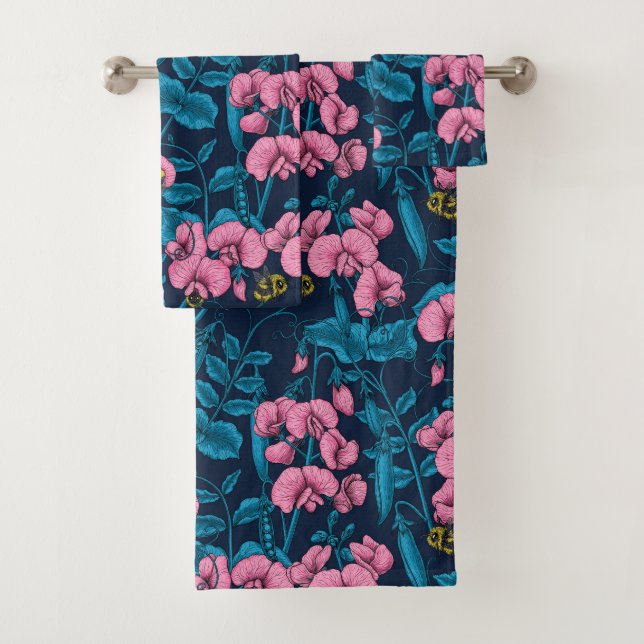 Sweet peas and bumblebees, pink and blue bath towel set (Insitu)