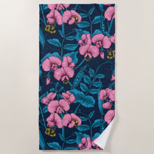 Sweet peas and bumblebees, pink and blue beach towel