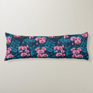 Sweet peas and bumblebees, pink and blue body cushion
