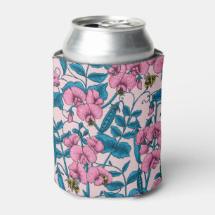 Sweet peas and bumblebees, pink and blue can cooler