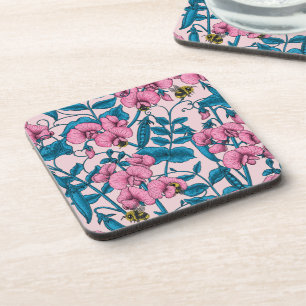 Sweet peas and bumblebees, pink and blue coaster