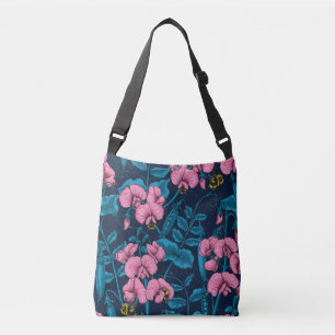 Sweet peas and bumblebees, pink and blue crossbody bag