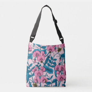 Sweet peas and bumblebees, pink and blue crossbody bag