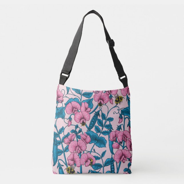 Sweet peas and bumblebees, pink and blue crossbody bag (Front)