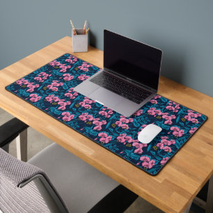 Sweet peas and bumblebees, pink and blue desk mat