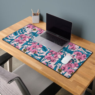 Sweet peas and bumblebees, pink and blue desk mat