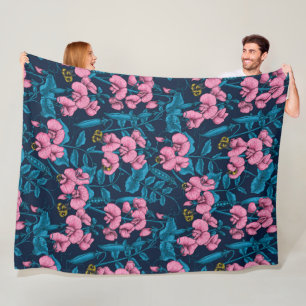 Sweet peas and bumblebees, pink and blue fleece blanket