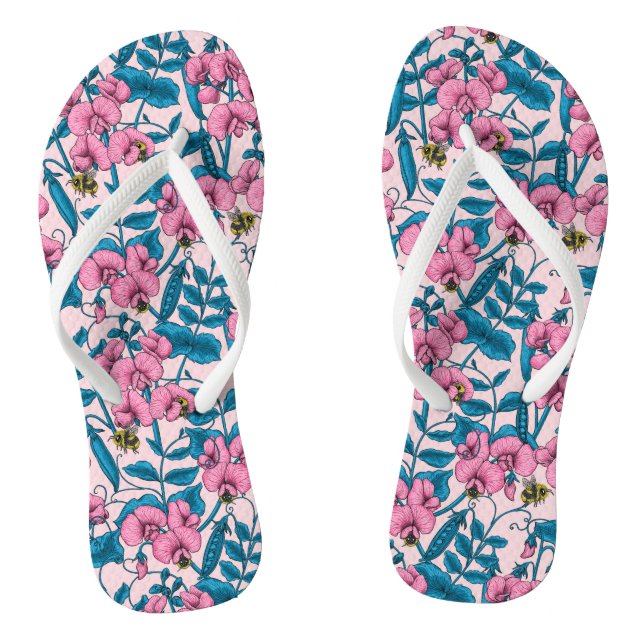 Sweet peas and bumblebees, pink and blue flip flops (Footbed)