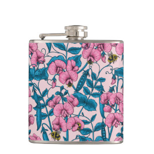 Sweet peas and bumblebees, pink and blue hip flask