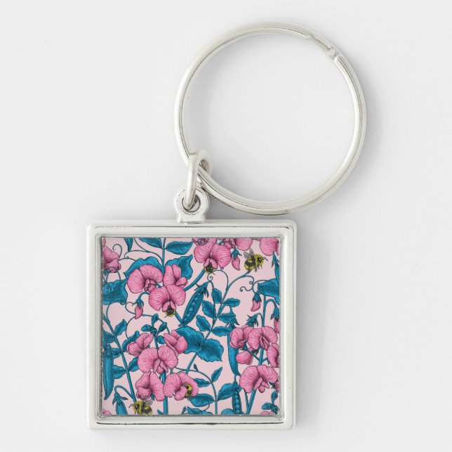 Sweet peas and bumblebees, pink and blue key ring (Front)