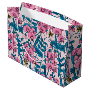 Sweet peas and bumblebees, pink and blue large gift bag