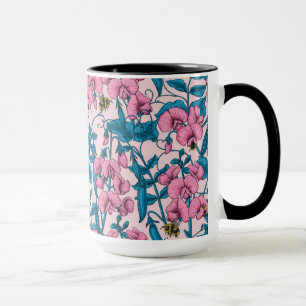 Sweet peas and bumblebees, pink and blue mug