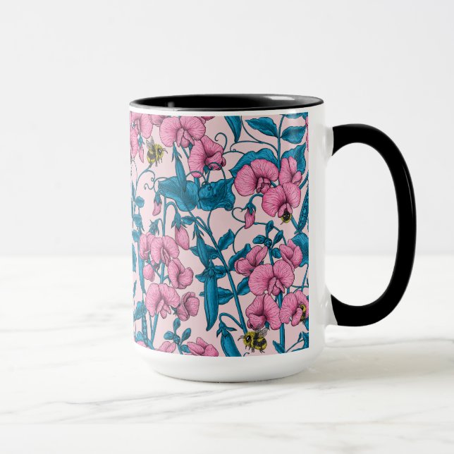 Sweet peas and bumblebees, pink and blue mug (Right)