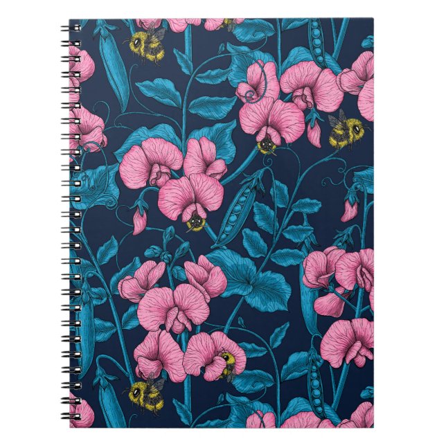 Sweet peas and bumblebees, pink and blue notebook (Front)
