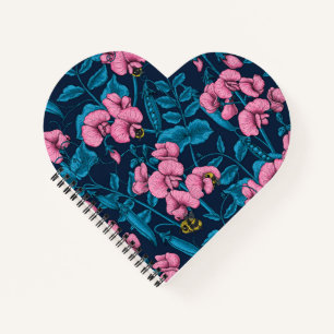 Sweet peas and bumblebees, pink and blue notebook