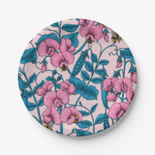 Sweet peas and bumblebees, pink and blue paper plate