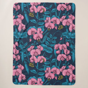 Sweet peas and bumblebees, pink and blue sherpa blanket