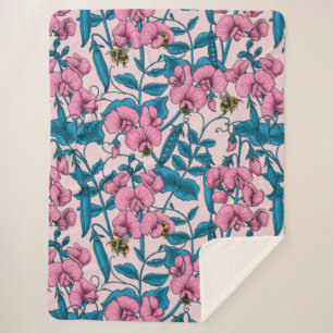 Sweet peas and bumblebees, pink and blue sherpa blanket