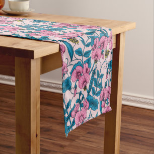Sweet peas and bumblebees, pink and blue short table runner