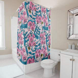 Sweet peas and bumblebees, pink and blue shower curtain