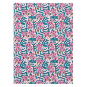 Sweet peas and bumblebees, pink and blue tablecloth