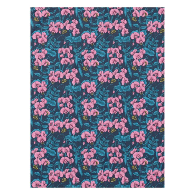 Sweet peas and bumblebees, pink and blue tablecloth (Front)