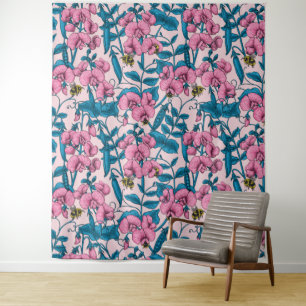Sweet peas and bumblebees, pink and blue tapestry