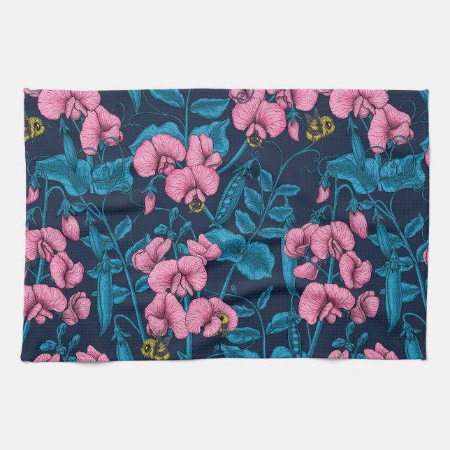 Sweet peas and bumblebees, pink and blue tea towel (Horizontal)
