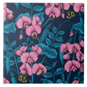 Sweet peas and bumblebees, pink and blue tile