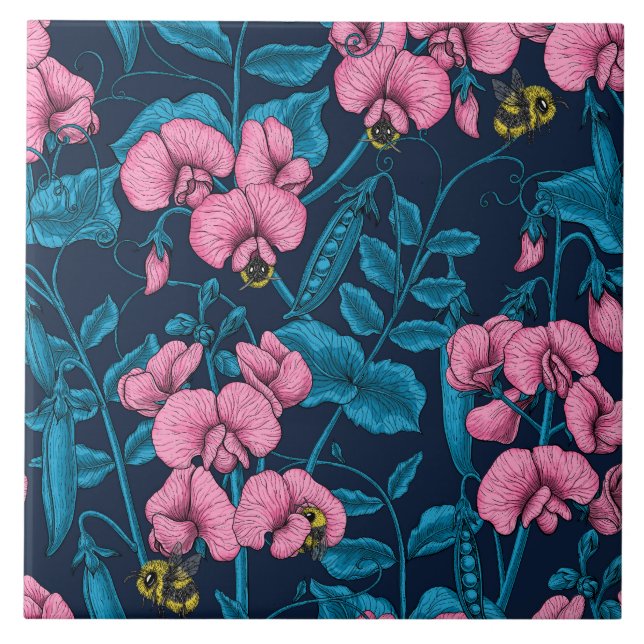 Sweet peas and bumblebees, pink and blue tile (Front)