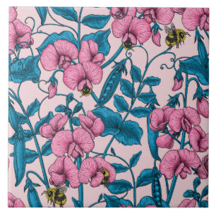 Sweet peas and bumblebees, pink and blue tile