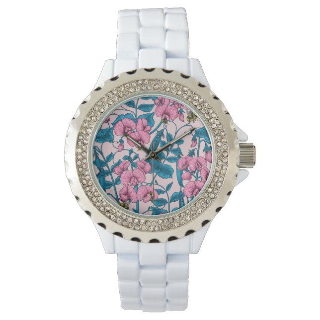 Sweet peas and bumblebees, pink and blue watch (Front)