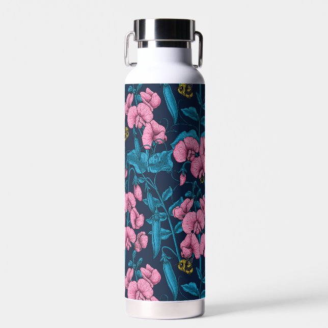 Sweet peas and bumblebees, pink and blue water bottle (Front)