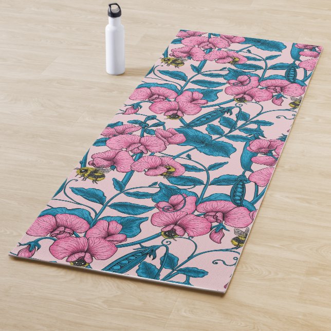Sweet peas and bumblebees, pink and blue yoga mat (In Situ)