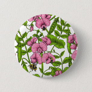 Sweet peas and bumblebees, pink, green and white 6 cm round badge