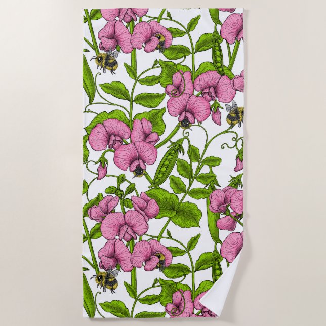 Sweet peas and bumblebees, pink, green and white beach towel (Front)