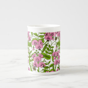 Sweet peas and bumblebees, pink, green and white bone china mug